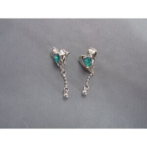 Tassel Heart Shaped Silver Tone Earring with Inset Green Gem Dangly Modern